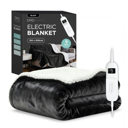DMD Collective Heated Electric Blanket - Sherpa Fleece, Auto-Off, 9 Heat Levels - 150cm x 200cm - Black