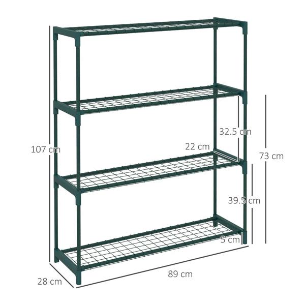Four-tier plant shelf with wire grid shelves, size shown in cm (89x28x107).