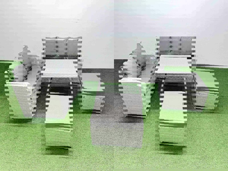 Fimous Outdoor PE Rattan Garden Furniture Set Rectangular Dining Table Sofa Set with 2 Big Stool Light Grey