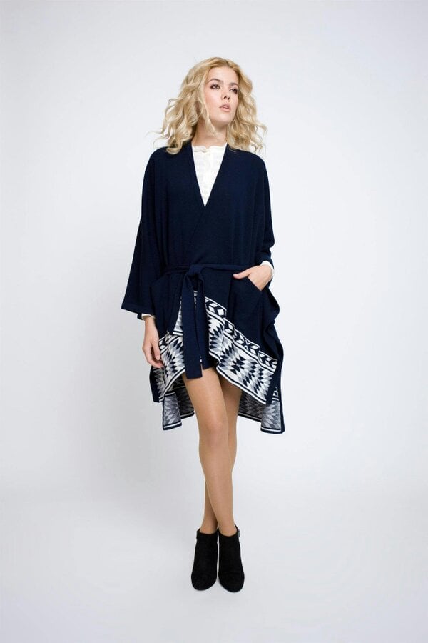 Ivana knitted merino wool cape with geometric border