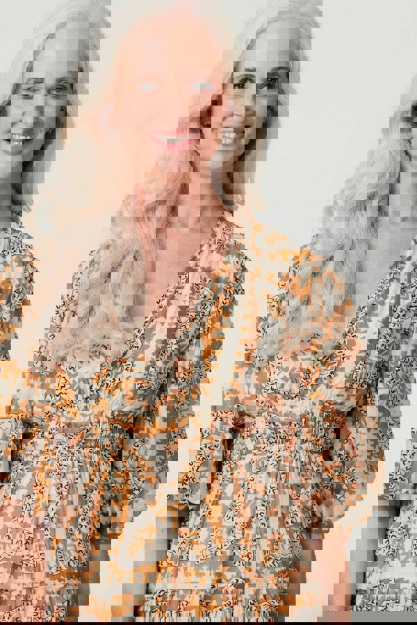 Rust | Printed Puff 1/2 Sleeve Midi Dress