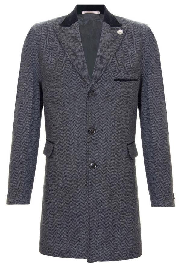 TruClothing Mens 3/4 Long Grey Overcoat Jacket Herringbone Tweed Coat Peaky Blinder