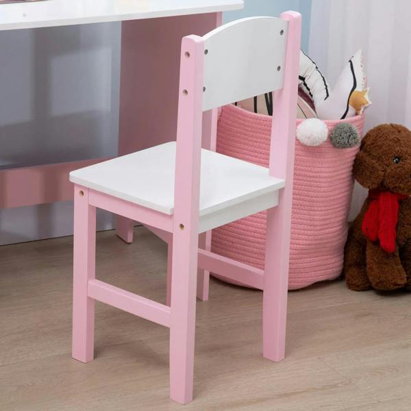 Matching pink chair with white backrest and seat, paired with kids desk