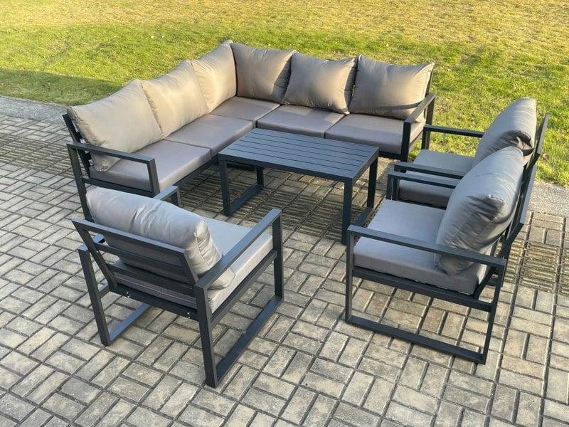 Fimous 8 Seater Aluminium Outdoor Garden Furniture Set Patio Lounge Sofa with Oblong Coffee Table Chair Dark Grey