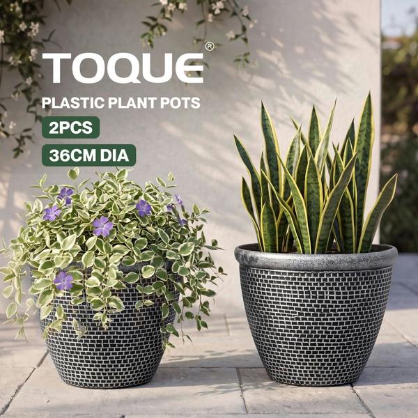 TOQUE 2PCS Plastic Garden Plant Pots 36cm Round Outdoor Planters Drainage Holes