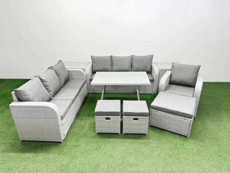 Fimous 9 Pieces Outdoor PE Rattan Garden Furniture with Cushions Reclining Chair 2 Side Tables 3 Stool Light Grey