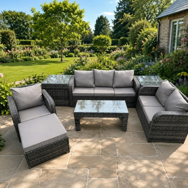 Fimous 7 Seater High Back Rattan Garden Furniture Set with Loveseat Sofa Rectangular Coffee Table 2 Side Tables Indoor Outdoor Patio Lounge Sofa Set