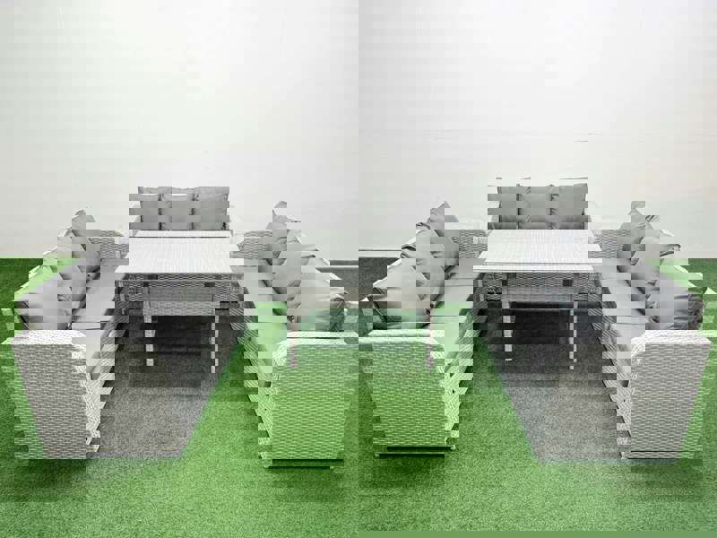 Fimous PE Rattan Lounge Sofa Set 9 Seater Outdoor Garden Furniture Set with Rectangular Dining Table 3 Seater Sofa Light Grey