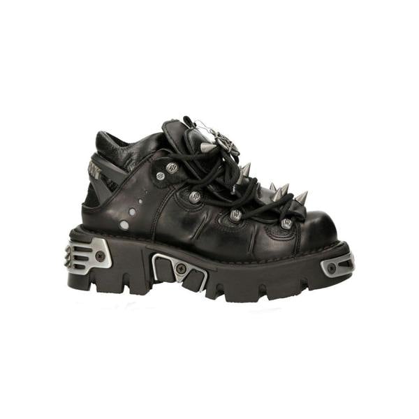New Rock Black Leather Spiked Ankle Boots-110-S1