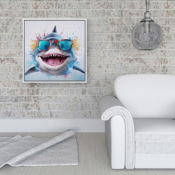 Warren Reed Splash Art Shark In Glasses Framed Canvas