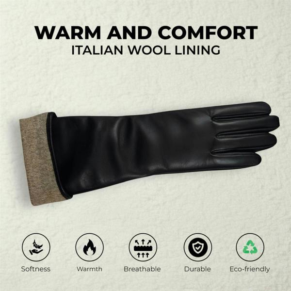 Infinity Leather Womens Long Italian Leather Winter Soft Wool Lining Gloves