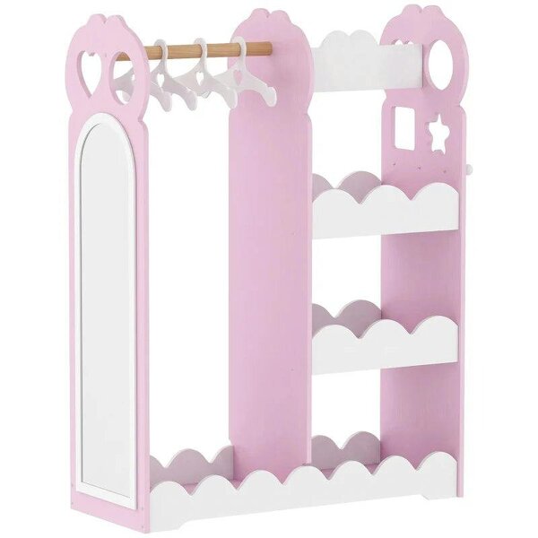 Kids Wardrobe, Children Dress Up Storage with Mirror, Clothes Rail, Shelves, Hangers for Girls Boys Bedroom Nursery Pink