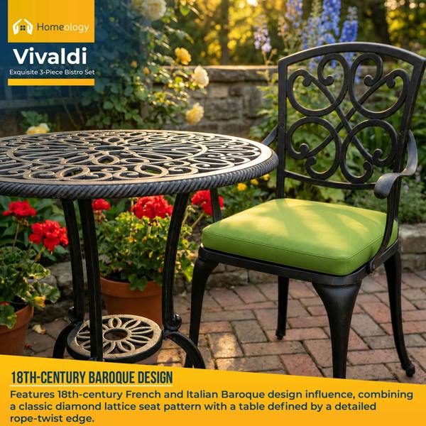 Homeology VIVALDI Black 3-Piece Cast Aluminium Garden Bistro Set - with Green Cushions