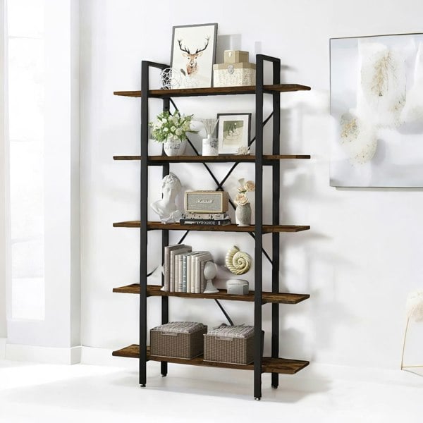 Rafaelo Mobilia Industrial 5 Tier Walnut Brown Bookcase