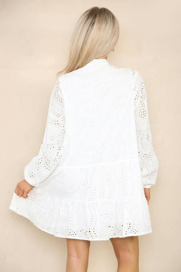 Elaina Fashion Women's White Long Sleeve Floral Flowy Eyelet Embroidery Broderie Swing Mini Smock Dress Pleated Vacation Short Sundress - Elaina Fashion