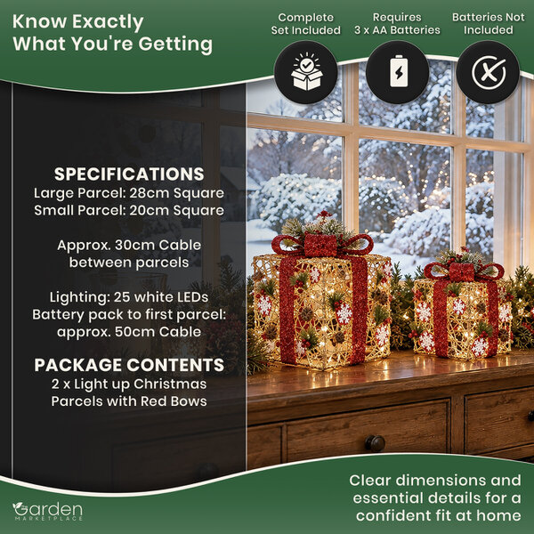 Set of 2 Light Up Gold Rattan Christmas Parcels with Red Bows, 25 White LED Lights, Battery Powered Chain Decoration for Tree or Fireplace Display