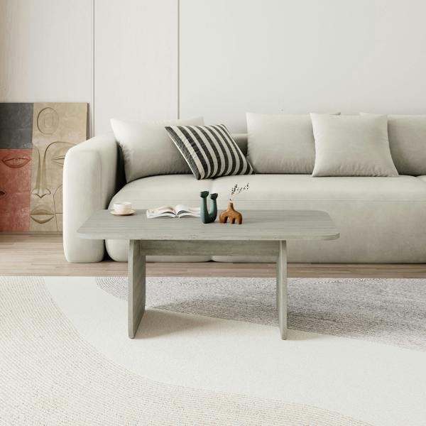 Decortie Modern Coffee Table Radius Edges with Flat Panel Legs Japandi Style Particleboard Living Room 100cm