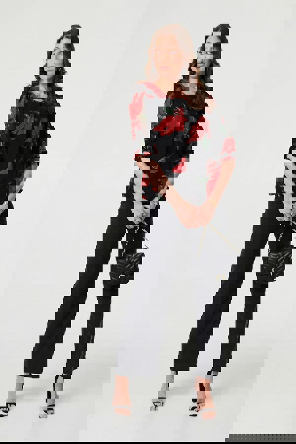 Red | Floral Semi Sheer Puff Sleeve Blouse
