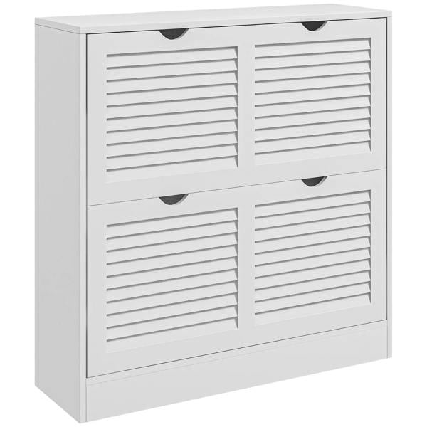 White shoe cabinet with four louvered flip drawers and curved handle cutouts