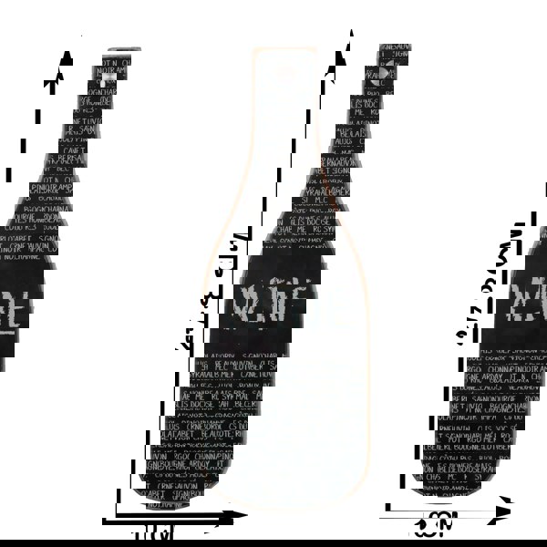 Wine bottle-shaped sign with text and dimensions on a white background