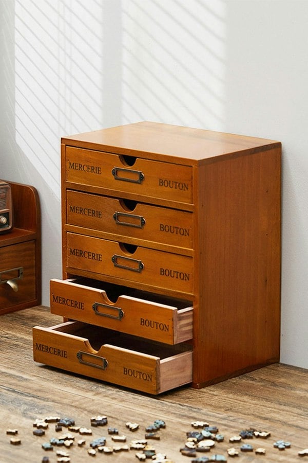 Living and Home Vintage Wooden Storage Box Brown Home Office Desk Organizer With 5 Drawers