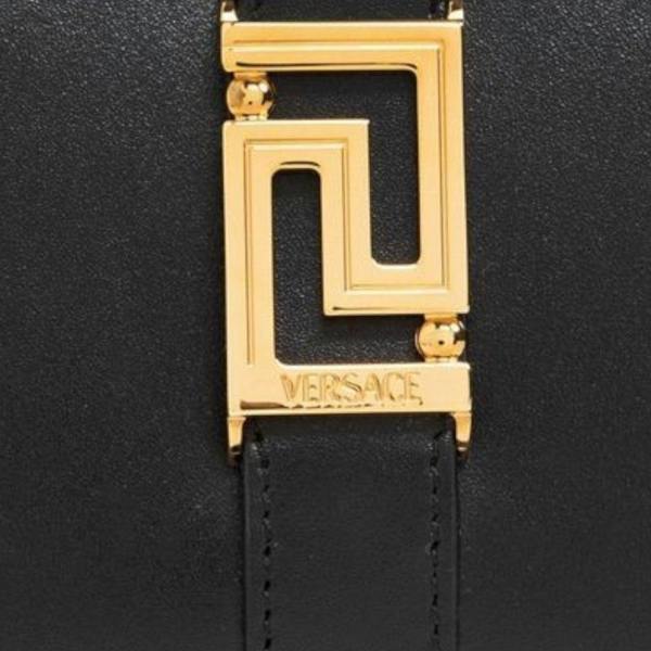 Supplied Fashion Versace black leather wallet featuring a prominent gold-tone metal logo detail and zip closure.