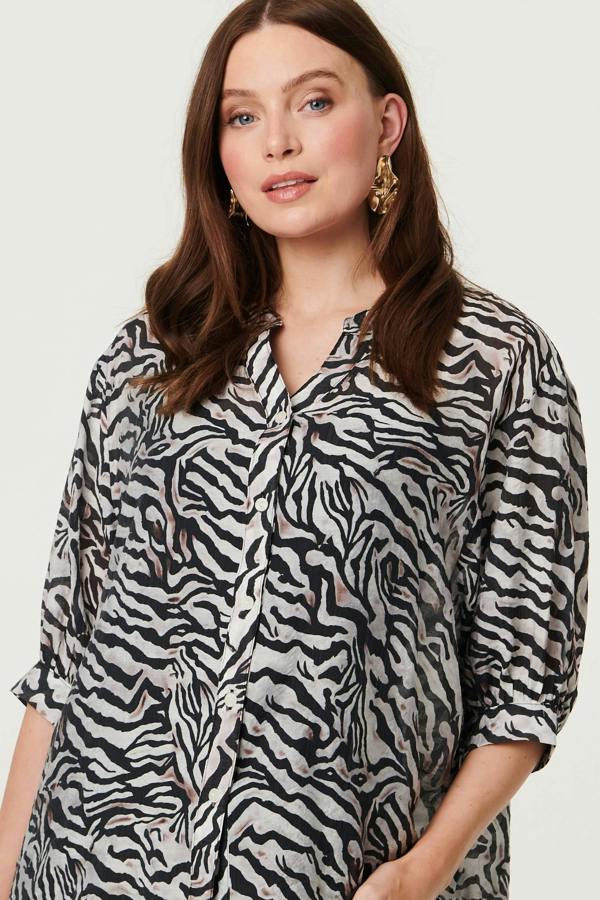 Black | Zebra Print Button Detail Relaxed Shirt
