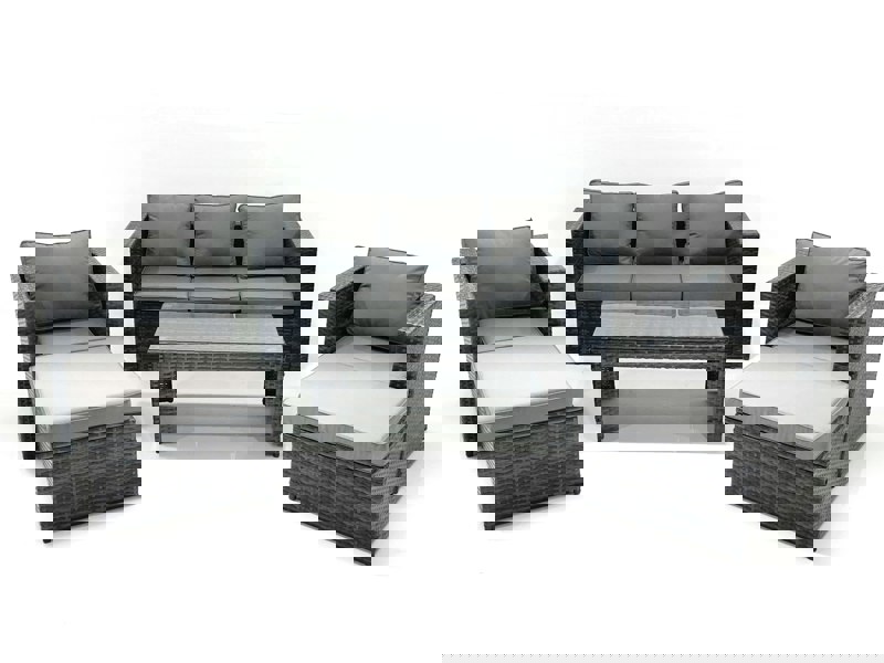 Fimous 7 Seater Rattan Garden Furniture Set Outdoor Lounger Sofa with Coffee Table 2 Armchair 2 Big Footstools Dark Grey Mixed