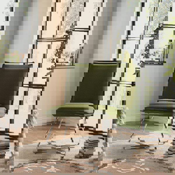 Modern Linen Accent Chair with Chrome Crossed Frame Cocktail Chairs Living and Home Green
