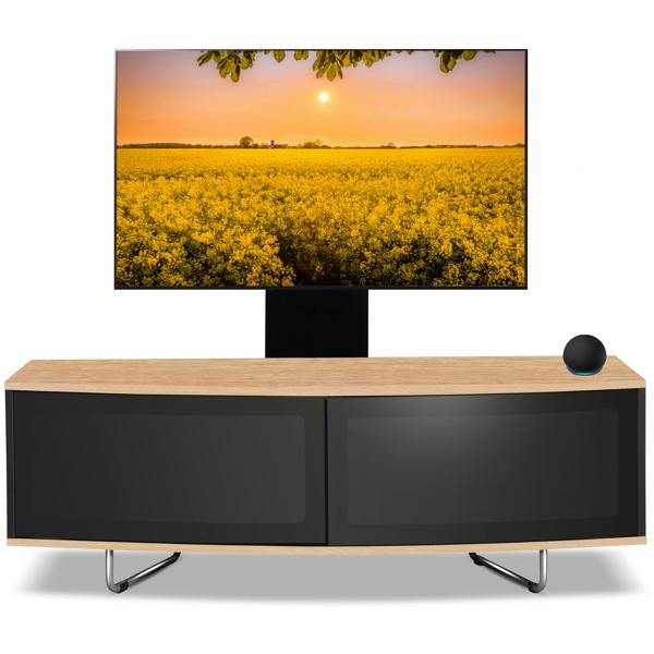 Homeology Caru Black Oak Beam-Thru Remote Friendly Super-Contemporary D Shape Design 32"-65" LED/OLED/LCD TV Cabinet with Mounting Arm