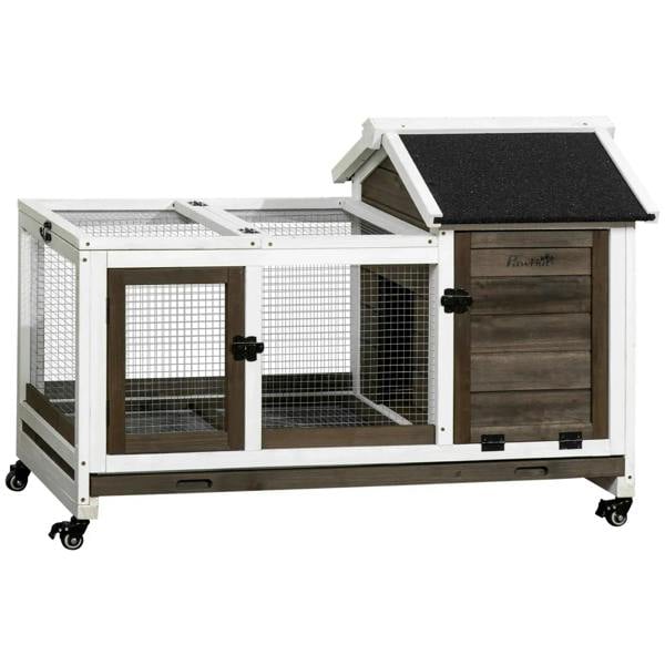 Brown wooden rabbit hutch with wire mesh sides, door, and wheeled base
