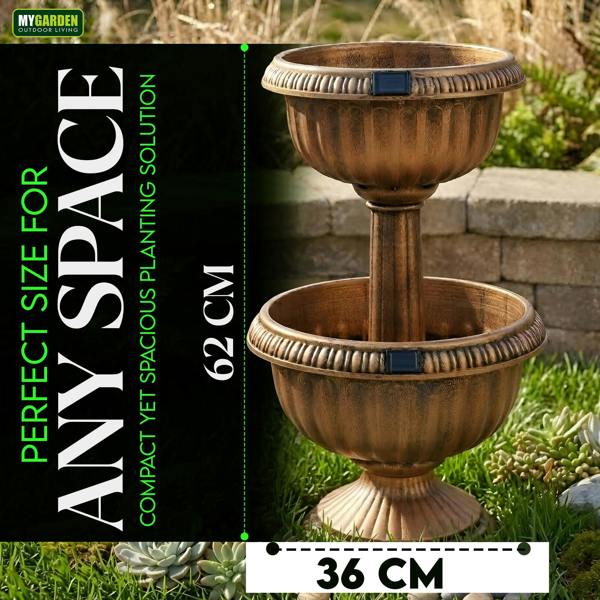 My Garden Outdoor Living MY Garden Planter 2 Tier with Solar Powered 8 LEDs-Tower Flower Planter with Bronze Antique Effect-Weather Resistant