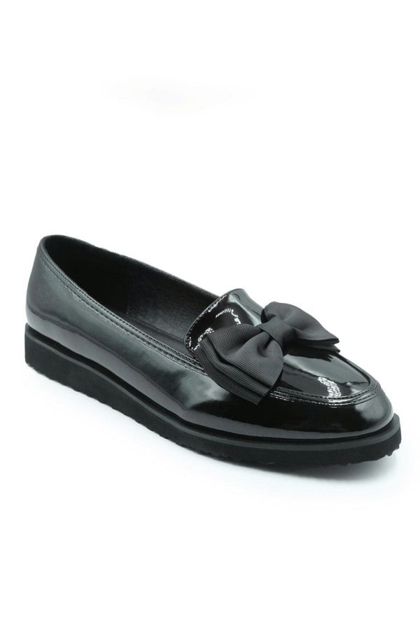 Where's That From ALPHA SLIP ON LOAFER SLIDER WITH BOW DETAIL IN BLACK PATENT FAUX LEATHER