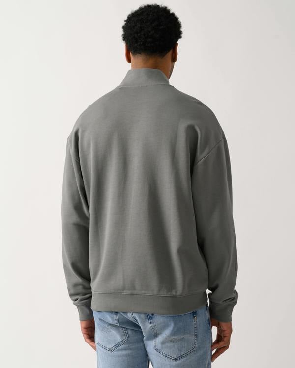 back shot of a model wearing a HUGO Durty244 Mens 1/4 Zip Sweatshirt in Dark Grey 025
