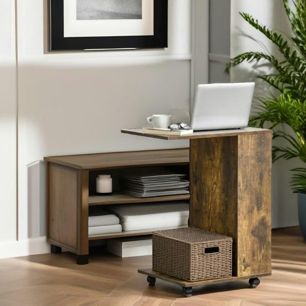 Rafaelo Mobilia Industrial Brown C Shaped Side Table With Storage & Wheels