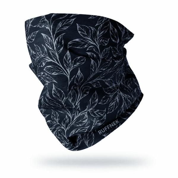 A Black RUFFNEK neck gaiter or face covering with a grey leaf pattern, shown floating against a white background with a soft shadow underneath. Worn for sport and outdoors.