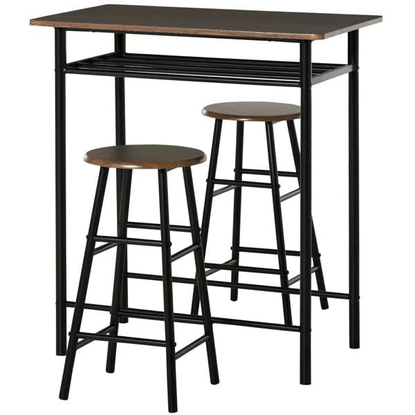 Black bar table with dark wood top and two matching stools with footrest frames.