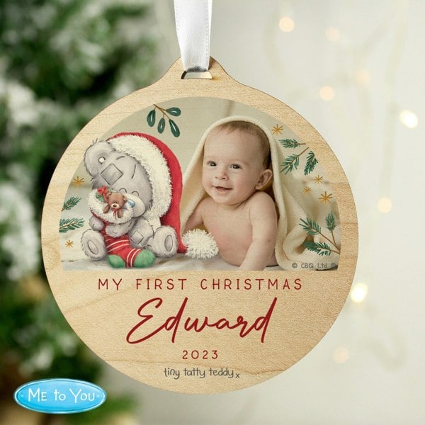 Personalised Memento Company Personalised First Christmas Tiny Tatty Teddy Photo Upload Round Wooden Decoration
