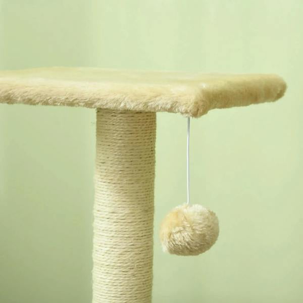 Cream hanging ball toy attached to a sisal scratching post and top platform