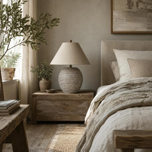 Wyld Haus Montesori Earthy Ribbed Handmade Table Lamp With Cream Linen Shade