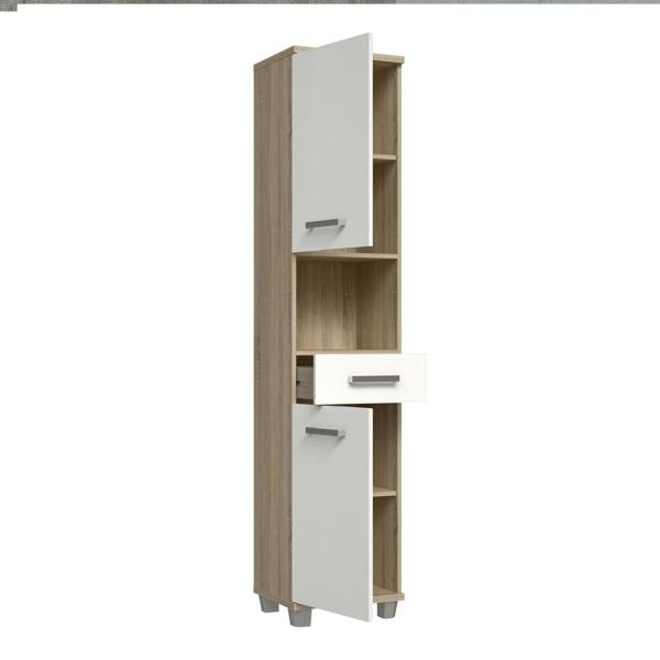 Furniture To Go Veris Tall Narrow Bathroom Cupboard with 2 Doors & 1 Drawer in Sonoma Oak and White High Gloss