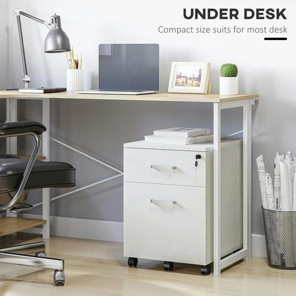 White locking filing cabinet with 2 drawers and smooth-rolling caster wheels