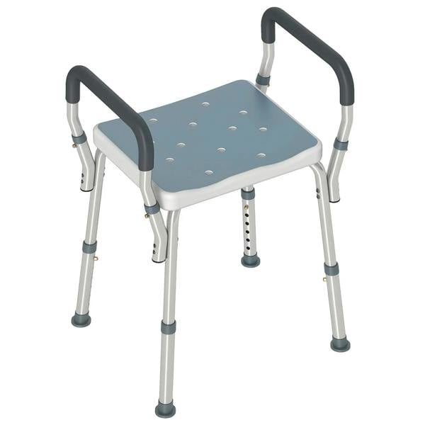 Light blue bath seat with aluminium frame, perforated seat and curved arm supports