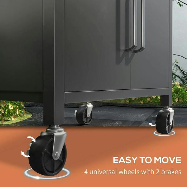 Black BBQ grill base with two-door cabinet and four wheels with brakes for easy moving