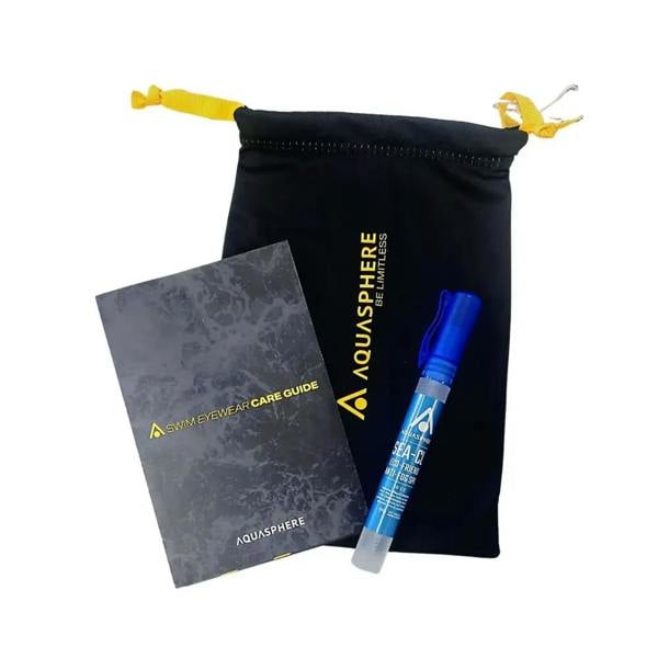 Aquasphere Goggle Care Kit: black pouch, blue tool, guide