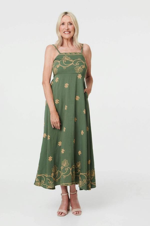 Green | Floral Embroidered Cami Strap Midi Dress
