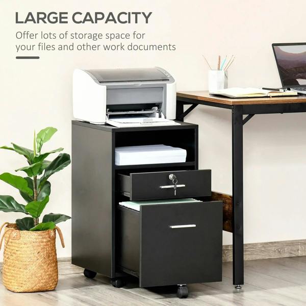 Black filing cabinet with open top compartment and two drawers on rolling casters