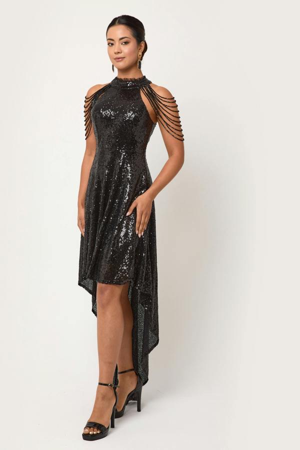 LuvForever Rinsha -  Black Sequin Hi-Lo Mini Dress