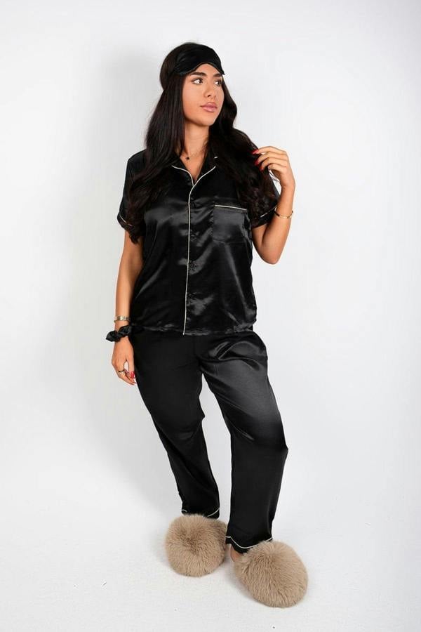 Saryna Satin Button Up Pyjama Set With Matching Eye Mask & Scrunchie - Black