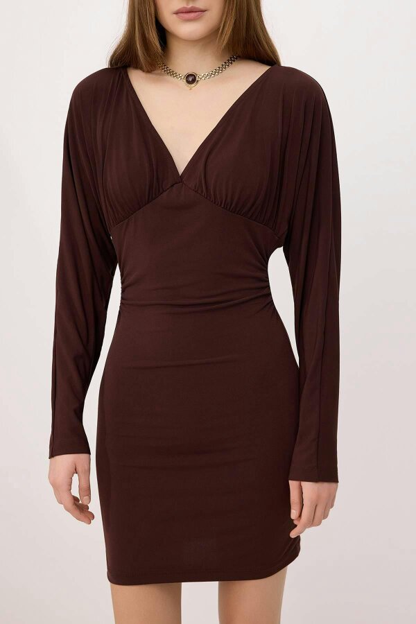 WOVCOR V Neck Long Sleeve Ruched Mini Bodycon Dress
